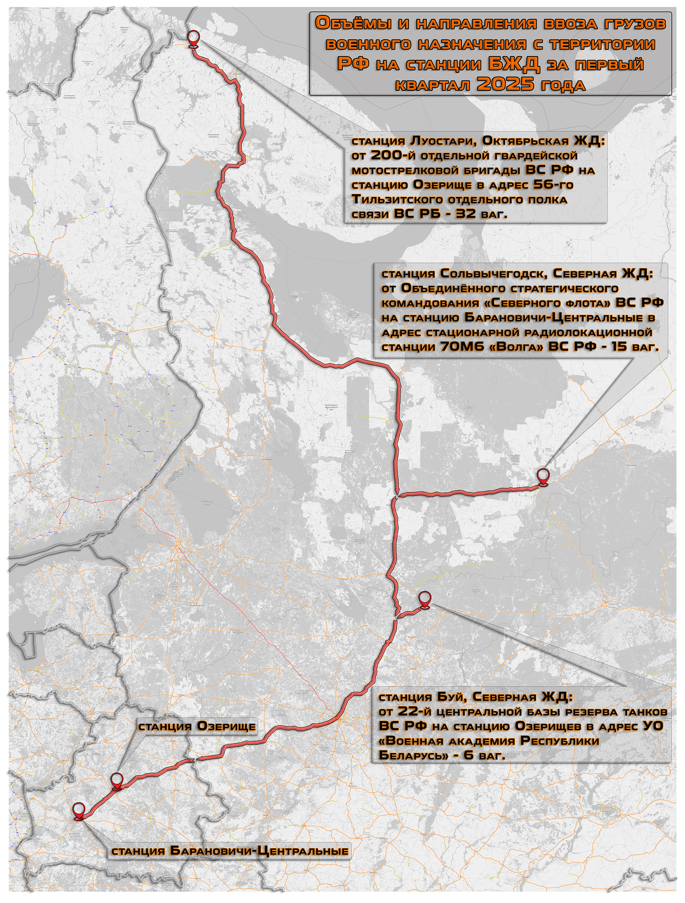 Условная схема поставок и объёмов ввоза грузов военного назначения с территории РФ в Беларусь за первые три месяца 2025 года